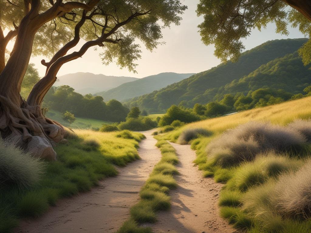 A serene landscape featuring a winding path through lush greenery,