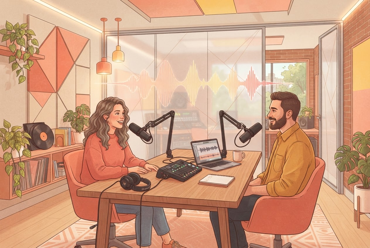 A cozy modern audio recording studio with podcast microphone and floating sound wave visualizations