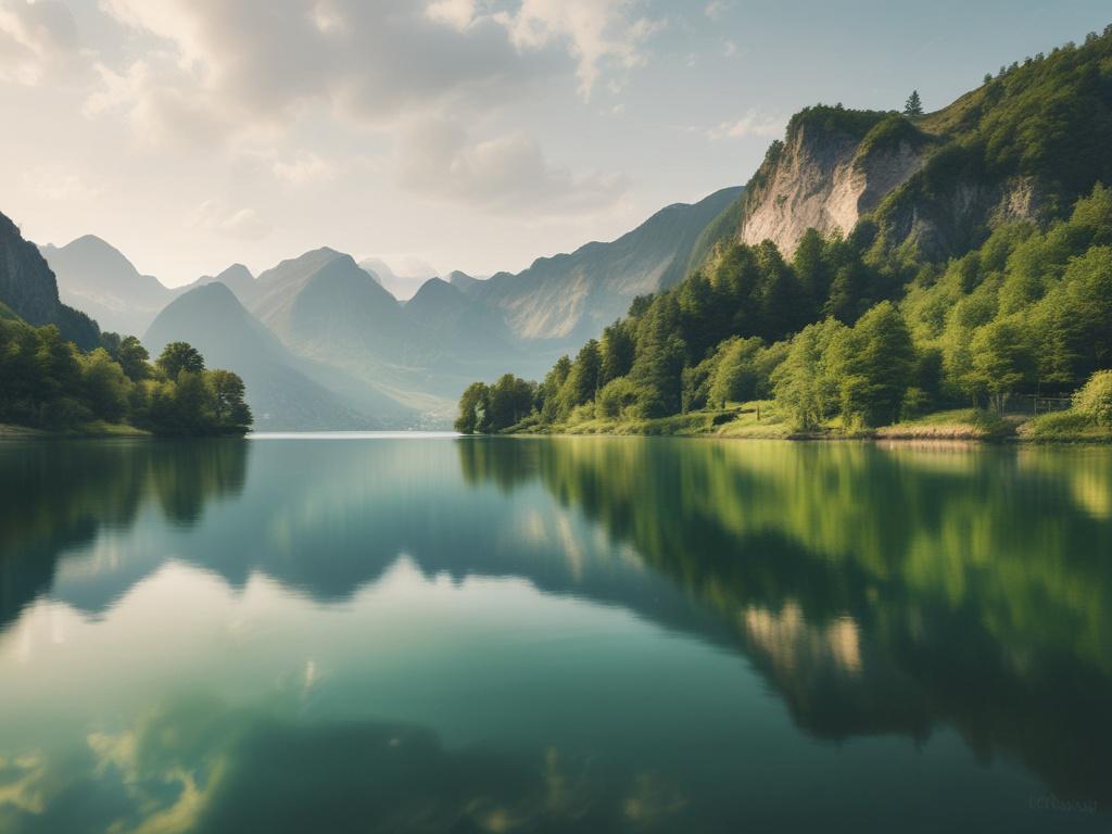 A serene landscape in Switzerland, featuring a peaceful lake surrounded