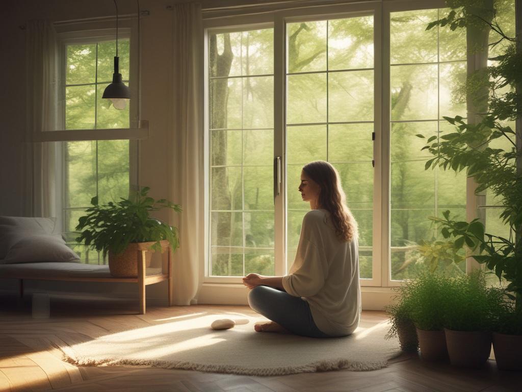 a person practicing sustainable living, surrounded by nature, soft lighting,