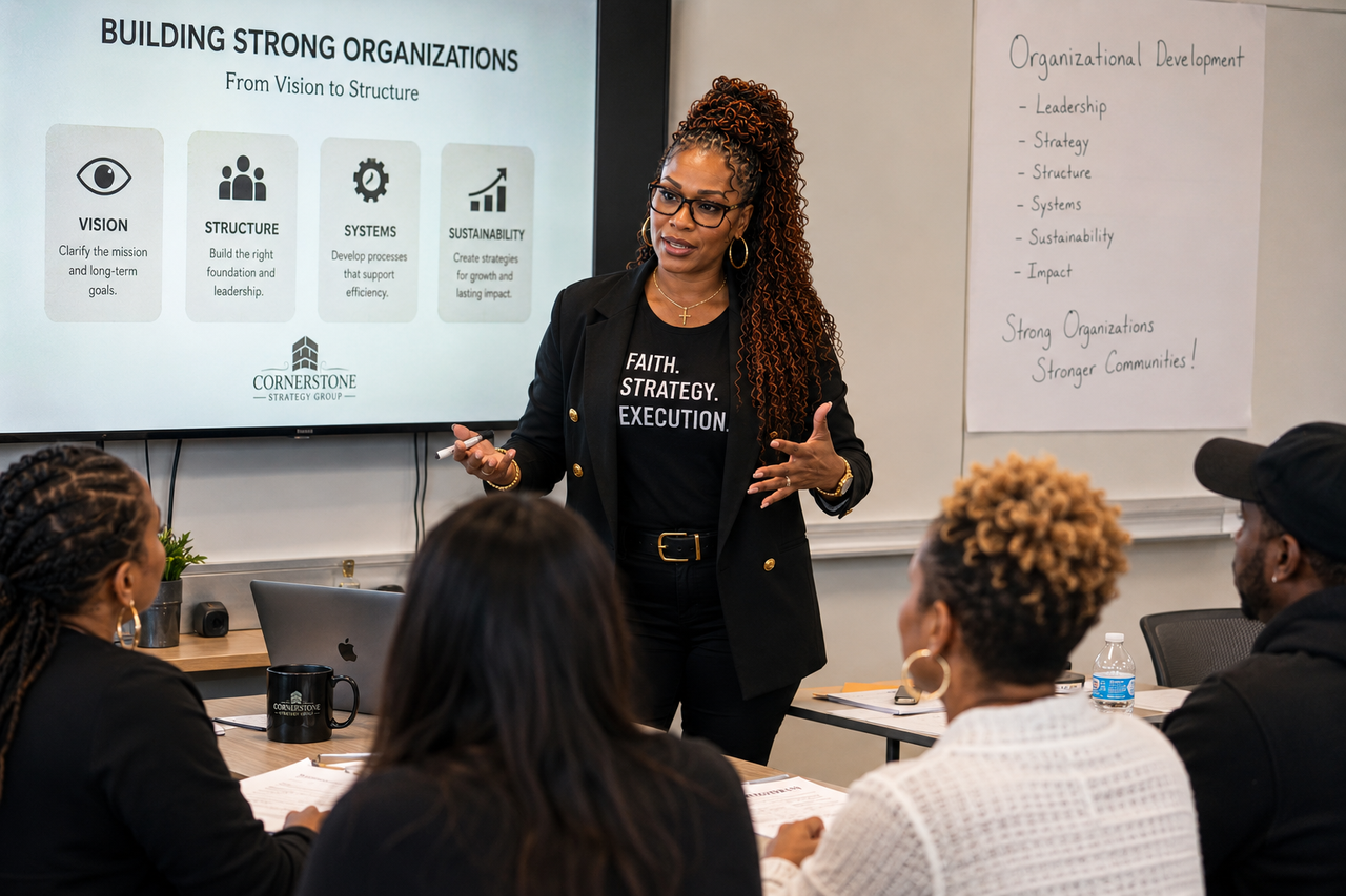 Warm, inclusive leadership photo of diverse nonprofit leaders in discussion around a conference table