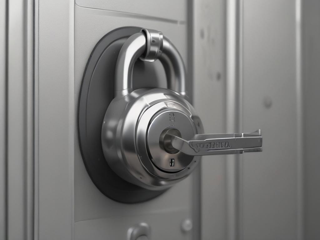 A hyper-realistic close-up shot of a digital lock symbolizing data security. The lock is in focus, with a soft blurred background that suggests a modern technological environment. The color scheme should incorporate vivid green tones (rgb(50, 170, 39)) to convey a sense of safety and trust.