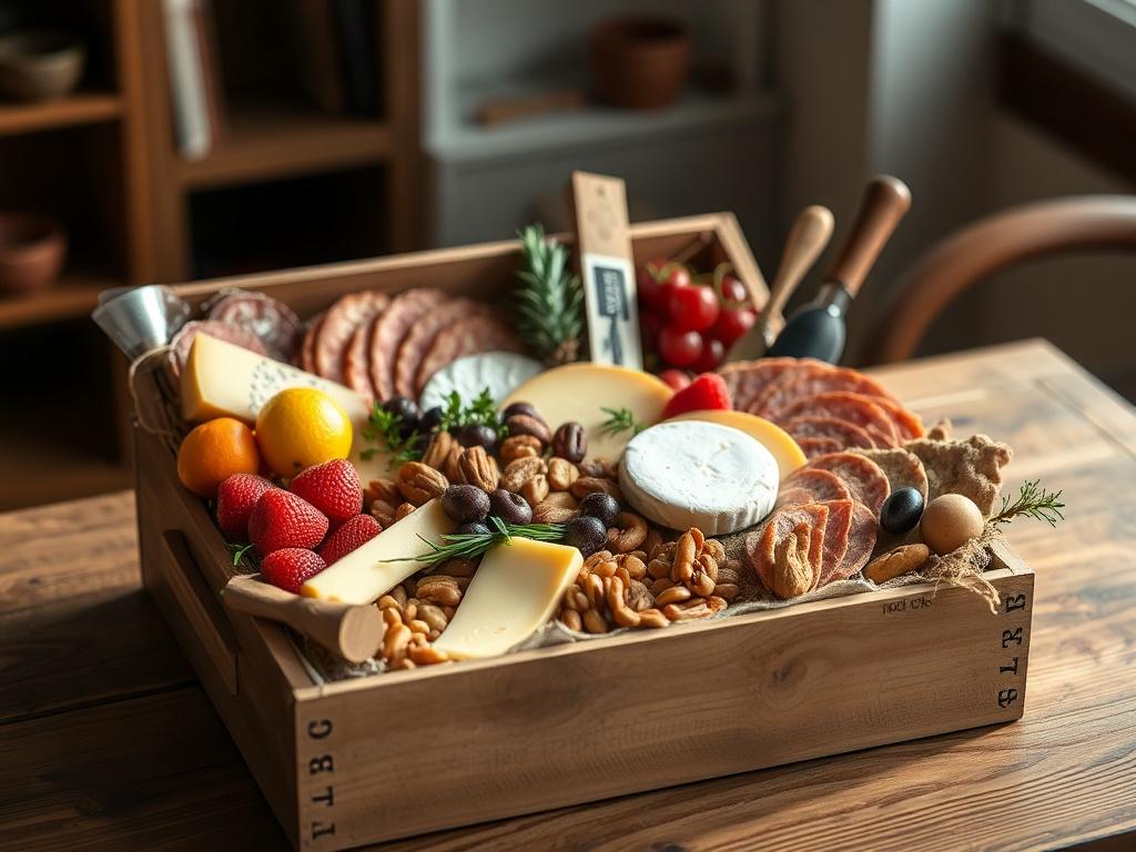 A high-resolution close-up shot of a beautifully arranged gourmet box filled with various delicacies such as artisanal cheeses, charcuterie, fresh fruits, and nuts. The box is wooden, with a rustic look, set on a wooden table. Soft natural light illuminates the scene, highlighting the vibrant colors of the food inside the box. The background is blurred, keeping the focus on the box.