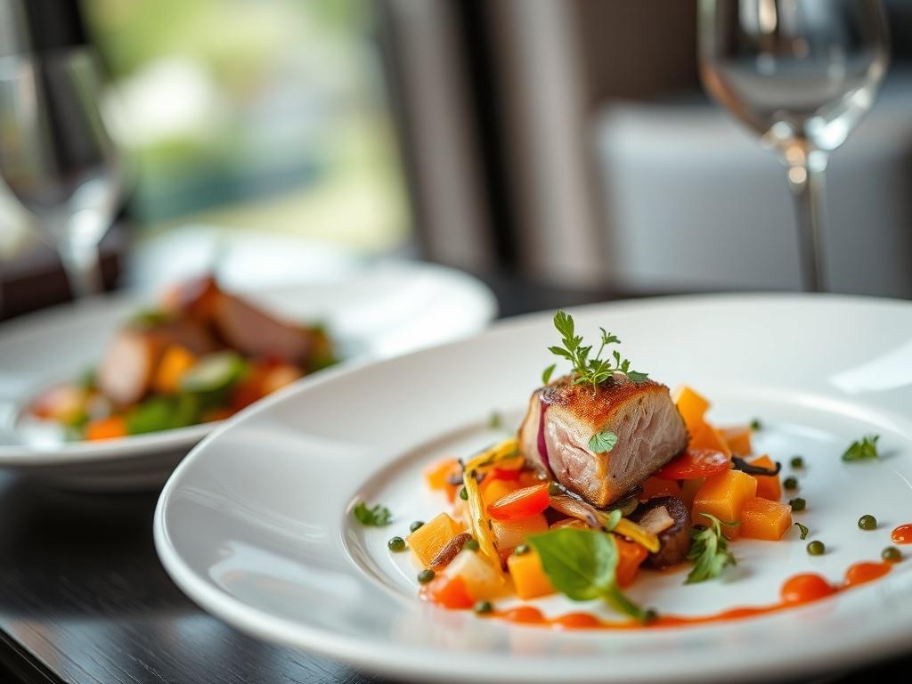 Create a highly realistic, high-resolution close-up photograph that captures the essence of modern culinary trends for events. The main subject should feature an elegantly plated gourmet dish, showcasing vibrant colors and artistic presentation. This dish could include elements like fresh herbs, a unique protein like seared duck or a colorful vegetable salad, all beautifully arranged on a stylish white plate.

The background should be softly blurred to ensure the focus remains on the dish, enhancing the ove