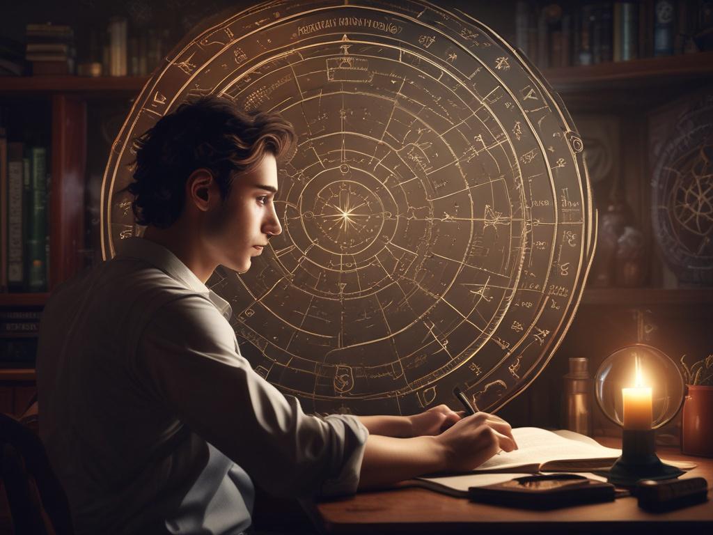 Create a realistic high-resolution photo featuring a single person—the subject—deeply focused on studying an intricate natal chart. The person, a young astrologer with a thoughtful expression, sits at a wooden desk illuminated by a warm, dramatic light source from the side, creating deep shadows and rich contrasts across the scene. In front of them lies a detailed, illuminated natal chart printed on parchment-like paper, filled with astrological symbols and planetary positions that subtly glow under the foc