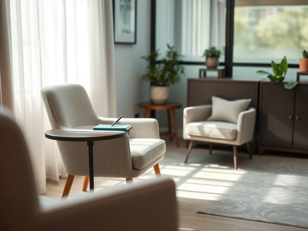 A serene and inviting office setting with a comfortable chair and a small table with a notepad and pen, soft lighting creating a peaceful atmosphere, emphasizing the importance of a personal consultation.