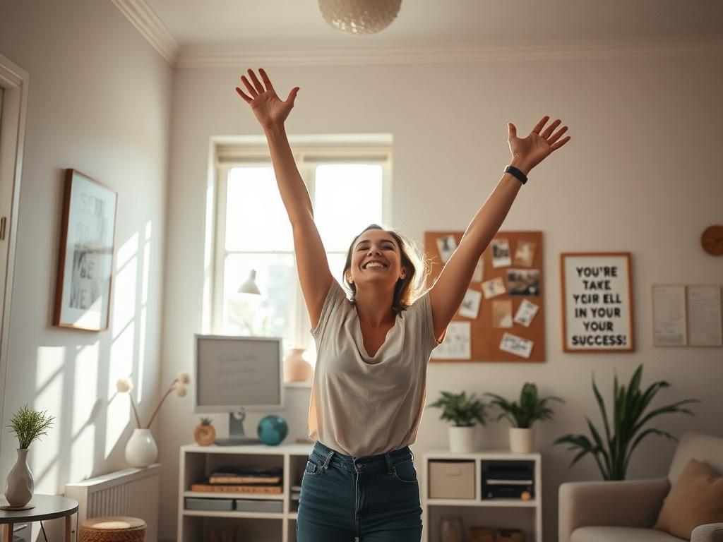 A joyful woman standing in a sunlit room, arms raised in celebration, surrounded by symbols of success like a vision board and motivational quotes, capturing the essence of empowerment and personal growth.