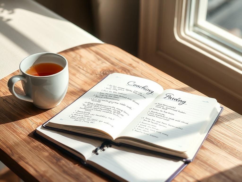 An open notebook with a beautifully written coaching plan, a cup of herbal tea beside it, set on a cozy table. Soft natural light streaming in, conveying a sense of peace and focus.