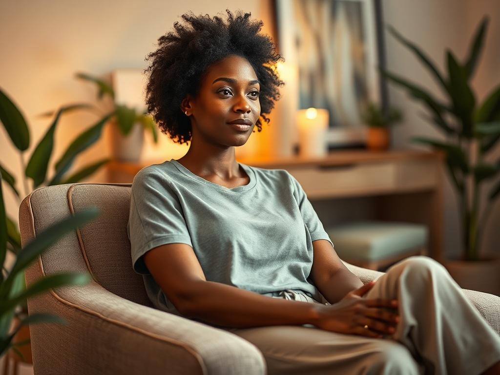 A 30-year-old Black woman sitting comfortably in a therapy session. She is seated on a soft, plush armchair, wearing casual, comfortable clothing. The room is softly lit with warm, gentle lighting creating a peaceful atmosphere. There are calming decor elements in the background such as plants and artwork, contributing to a serene environment. The woman appears reflective and engaged, with a thoughtful expression on her face, indicating she is in a moment of introspection during the session.