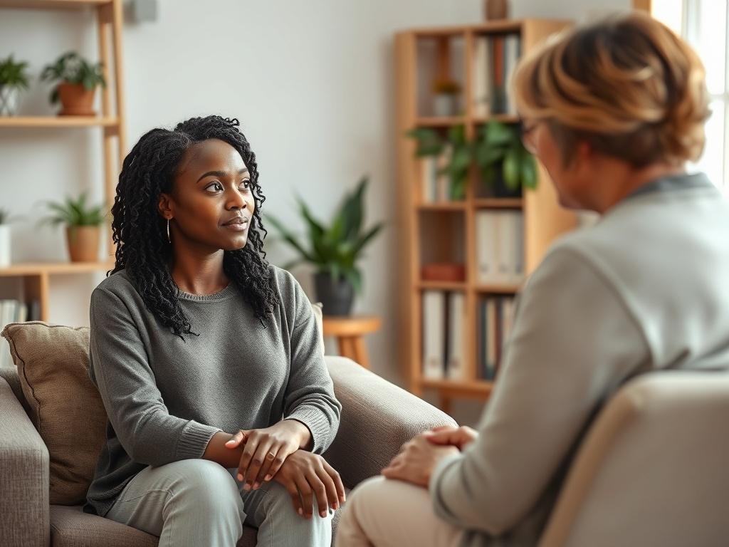 A black woman sitting comfortably in a therapy session, engaged in a thoughtful conversation with a therapist. The setting is warm and inviting, with soft lighting and calming colors. The therapist, a middle-aged woman, is listening attentively, creating a supportive atmosphere. The background features cozy decor, such as plants and bookshelves, enhancing the sense of tranquility.