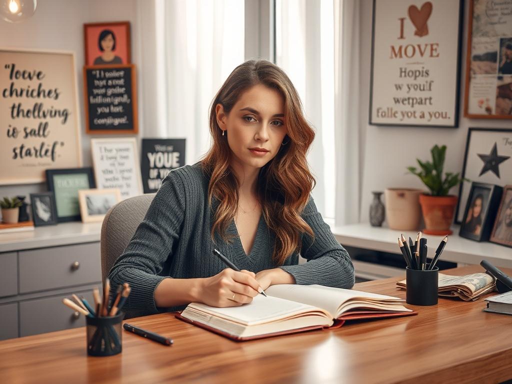 A woman sitting at a desk, writing in a journal