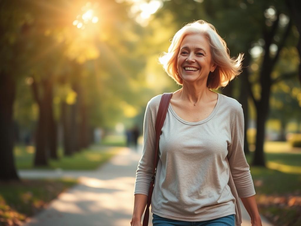 A woman in her 50s walking in a park, radiating