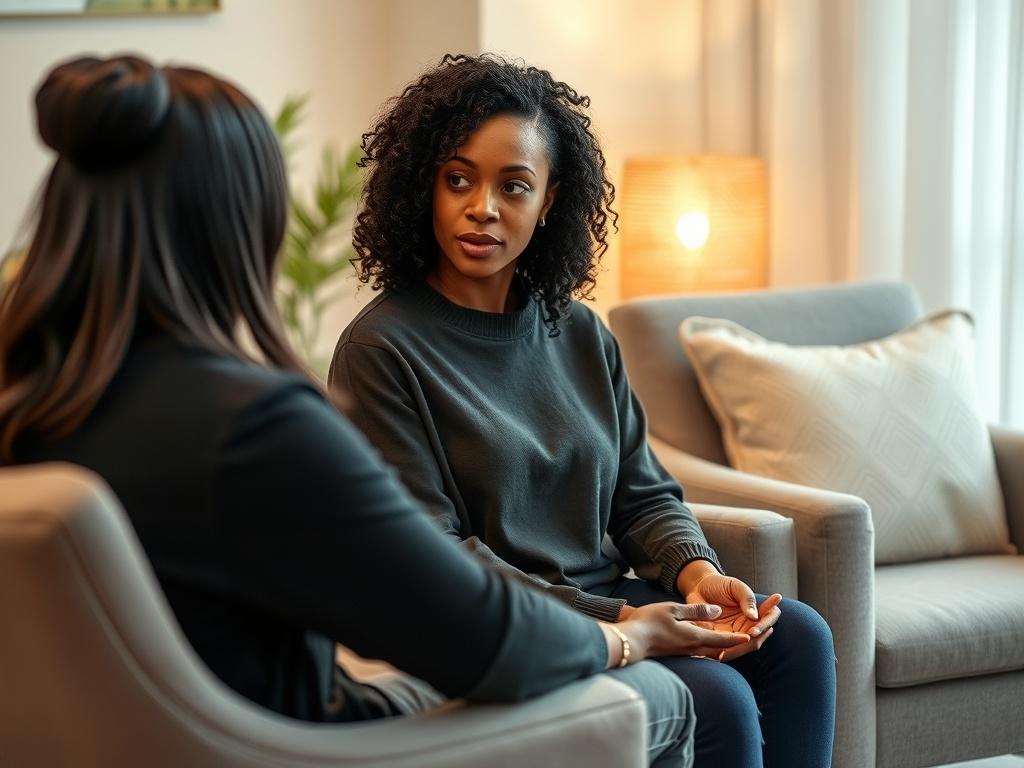 A black woman sitting comfortably in a therapy session, engaged in a thoughtful conversation with a supportive coach. The environment is serene, featuring soft lighting and calming colors. The setting includes plush chairs and soothing decor, creating a peaceful atmosphere conducive to open dialogue and reflection.