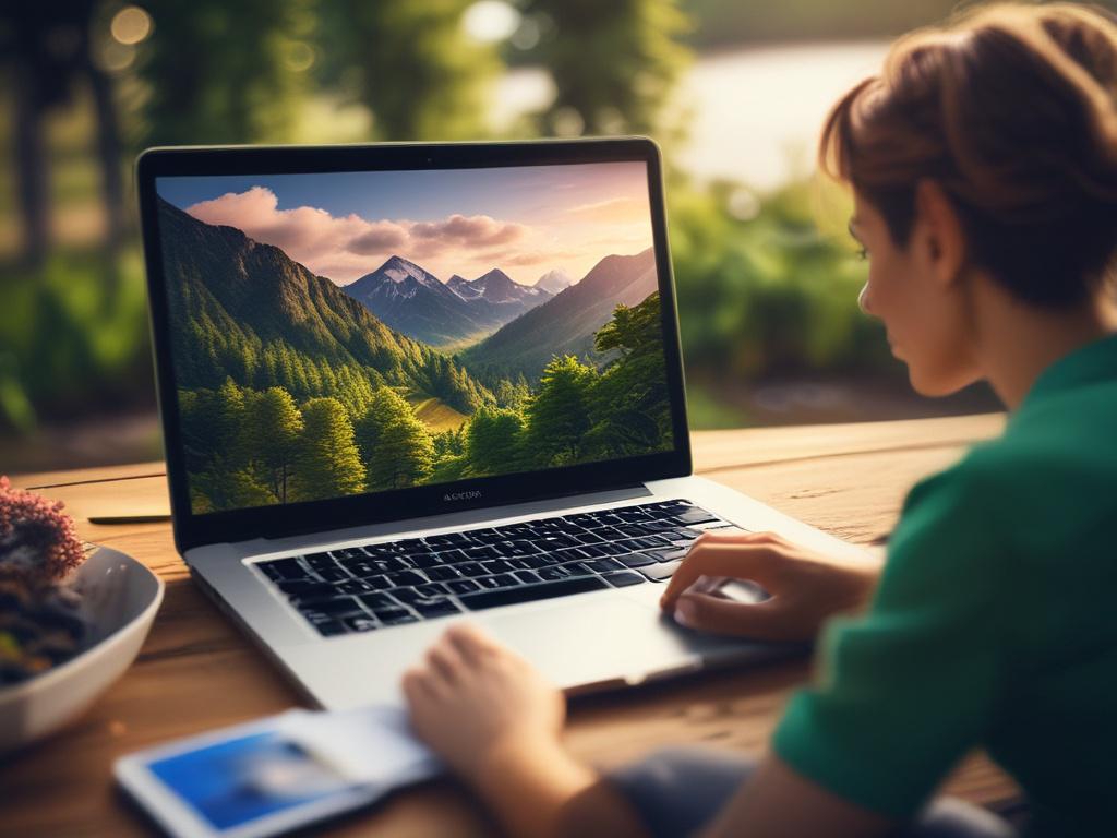 A vibrant close-up shot of a travel enthusiast using a laptop in a scenic outdoor location, showcasing an inviting and warm atmosphere, with lush greenery and bright skies in the background, captured in hyper-realistic detail with a 45mm f/1.2 lens.