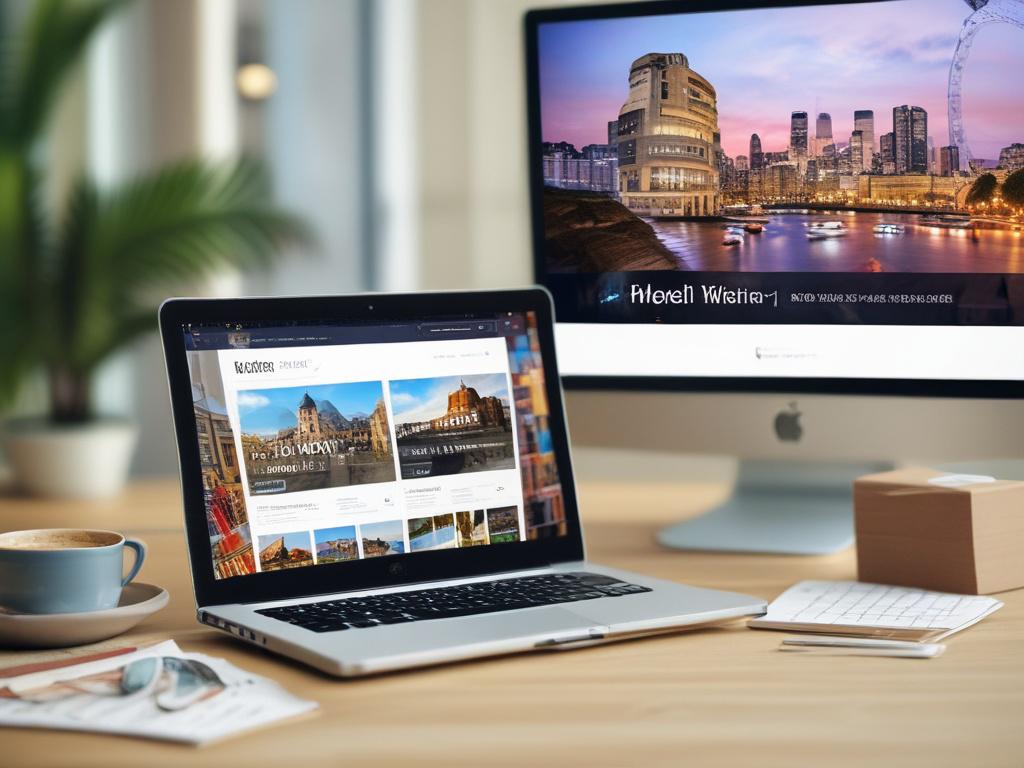A high-resolution, close-up shot of a travel booking website interface displayed on a laptop, with colorful visuals of various travel destinations in the background. The composition should be simple and clear, focusing on the laptop screen showcasing user-friendly navigation and vibrant travel images, creating an inviting atmosphere that reflects seamless online travel booking.