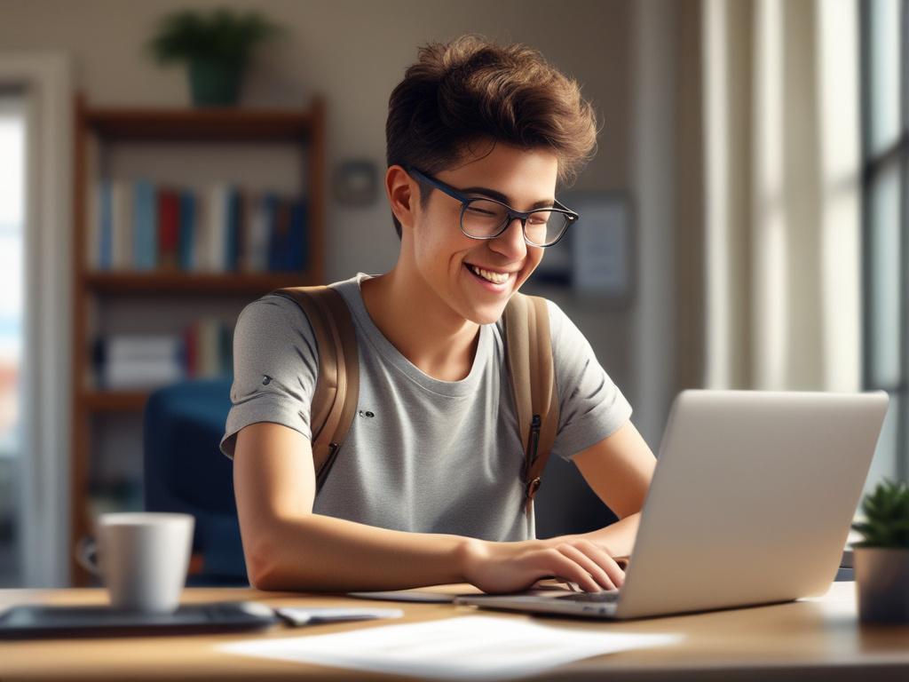 realistic high-resolution photo of a young traveler happily completing an online visa application on a laptop, with a bright and inviting workspace background, natural light streaming in, focus on the laptop screen and the person's expression, captured with a 45mm f/1.2 lens