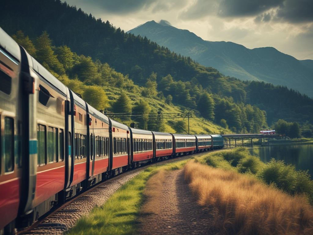 A scenic view of a European train traveling through picturesque landscapes, showcasing mountains, valleys, and charming villages. The composition should include the train as the subject in focus against a vibrant blue sky, with lush greenery and rolling hills in the background. The image should capture the essence of travel and adventure, rendered in hyper-realistic detail.