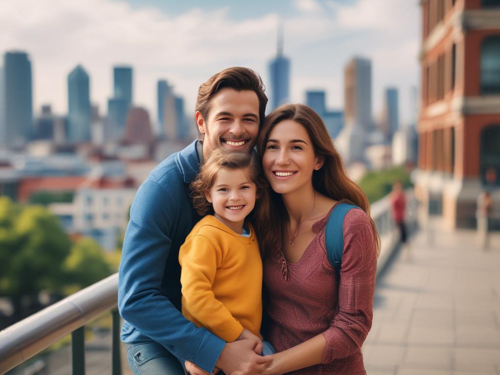 realistic high-resolution close-up shot of a happy family enjoying a city tour, vibrant cityscape in the background, bright colors, captured with a 45mm f/1.2 lens style