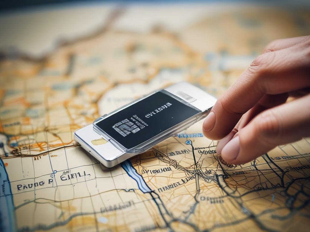 A close-up shot of a hand holding a DrimSim SIM card against a backdrop of a world map, emphasizing travel and connectivity. The image should be in hyper-realistic style, featuring vibrant colors and clear details, shot with a 45mm f/1.2 lens to create a sharp focus on the SIM card, with a soft blurred background.