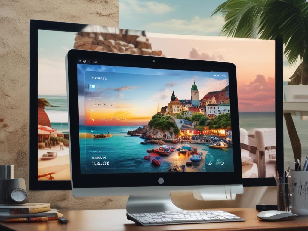 A modern computer screen displaying a travel booking portal interface, featuring attractive images of destinations, user-friendly buttons, and a vibrant color scheme. The setting is a stylish office with a clean desk and travel-related decor in the background, emphasizing technology and travel.