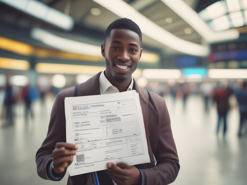 A close-up shot of a traveler holding a Nigerian visa application document in their hand, with a blurred background of a modern airport terminal. The image should capture the excitement of travel, featuring realistic details of the document and the bustling airport atmosphere. Shot with a 45mm f/1.2 lens style.