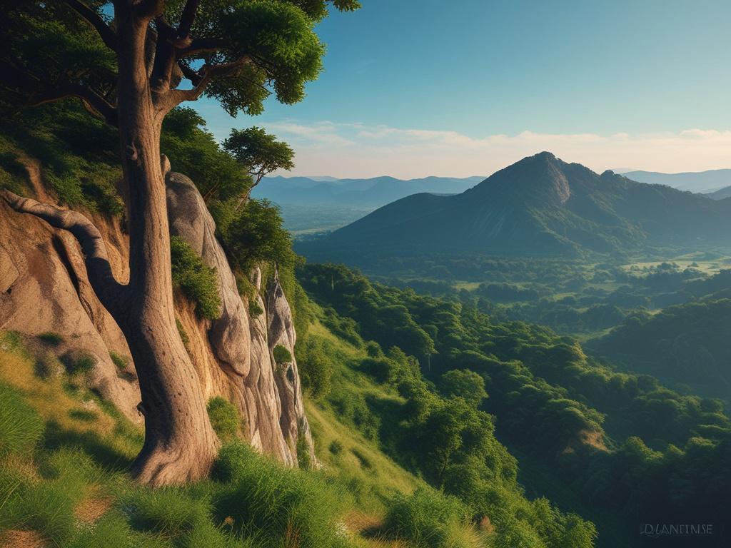 A stunning panoramic view of Idanre Hills with lush greenery and a clear blue sky, shot with a 45mm f/1.2 lens style, emphasizing the beauty of nature and the historical significance of the hills.