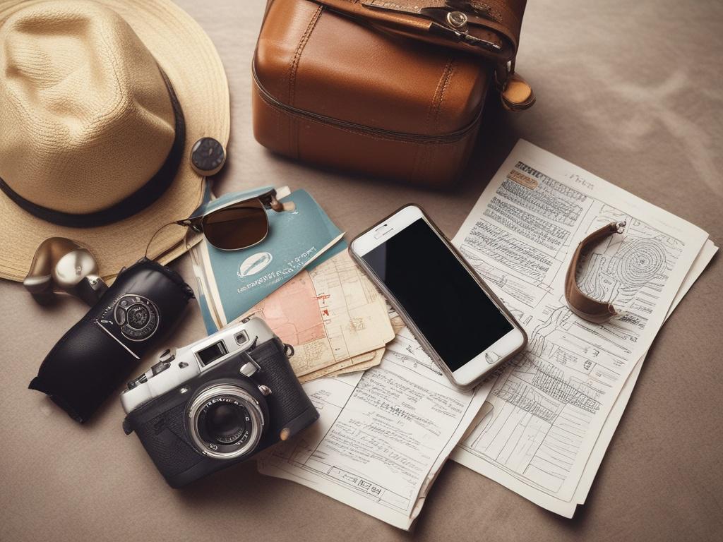 A high-resolution close-up of a happy traveler using a smartphone to book a trip, surrounded by travel essentials like a suitcase and passport. The background should be a bright, inviting travel-themed setting, emphasizing the joy of planning a vacation. The composition should be simple and clear, with a focus on the traveler.