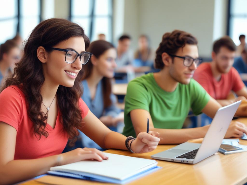 a realistic and engaging virtual classroom setup with diverse students attentively participating in an online lecture, bright and inviting colors, modern technology, and a sense of collaboration and interaction, background featuring a large screen displaying educational materials, well-lit and organized space, focus on the students' expressions of curiosity and engagement