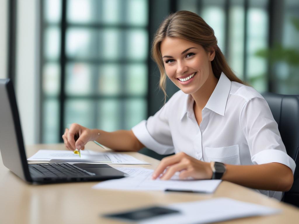 A close-up shot of a smiling travel consultant assisting a client with visa application documents in a modern office setting, with an organized desk and a computer in the background, captured using a 45mm f/1.2 lens style.
