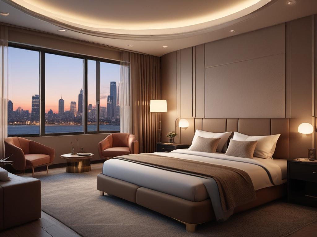 A luxurious hotel room with a stunning view, featuring elegant furnishings and soft lighting. The room should have a large window showcasing a scenic cityscape at sunset. The composition should focus on the bed and the window, with a cozy atmosphere created by warm colors and inviting decor.