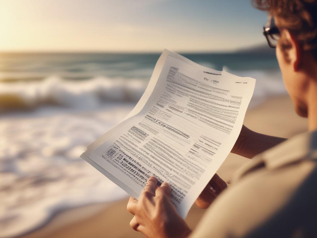 a traveler in a serene beach setting, holding a travel health insurance policy document, with a sunny background, soft waves in the distance, high-resolution, close-up shot, 45mm f/1.2 lens style, vibrant colors