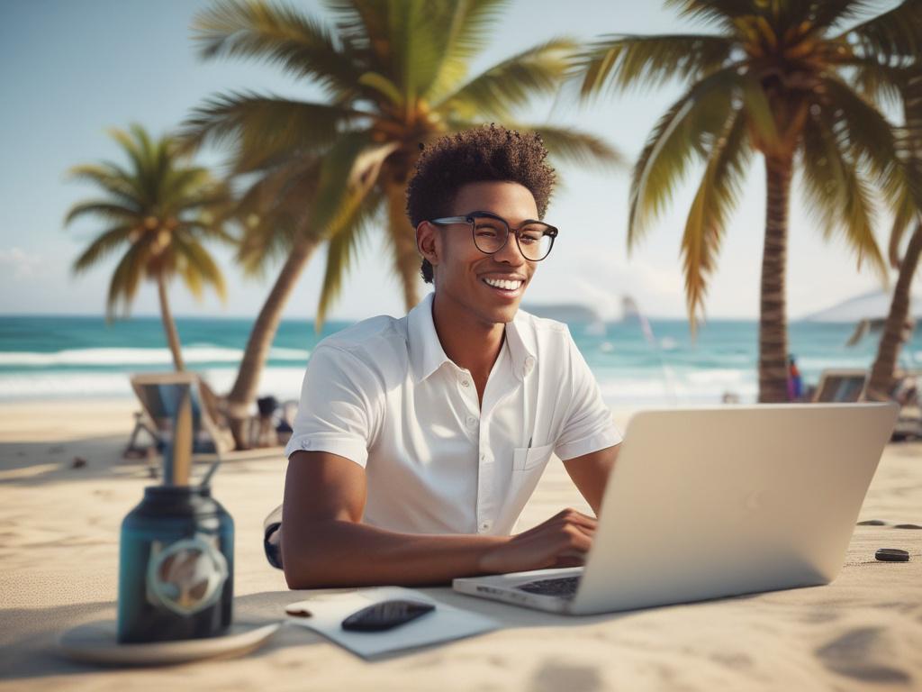 A cheerful young entrepreneur standing in front of a laptop, planning travel itineraries with a scenic beach background. The image should be bright and inviting, showcasing tropical elements like palm trees and turquoise water. Focus on the subject with a soft bokeh effect in the background, capturing a sense of inspiration and adventure.