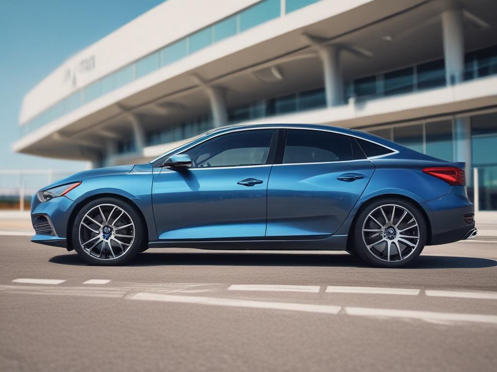 A high-resolution image of a modern, sleek sedan parked outside an airport terminal, with a clear blue sky in the background. The focus should be on the car, with the terminal subtly in the background, shot with a 45mm f/1.2 lens style.