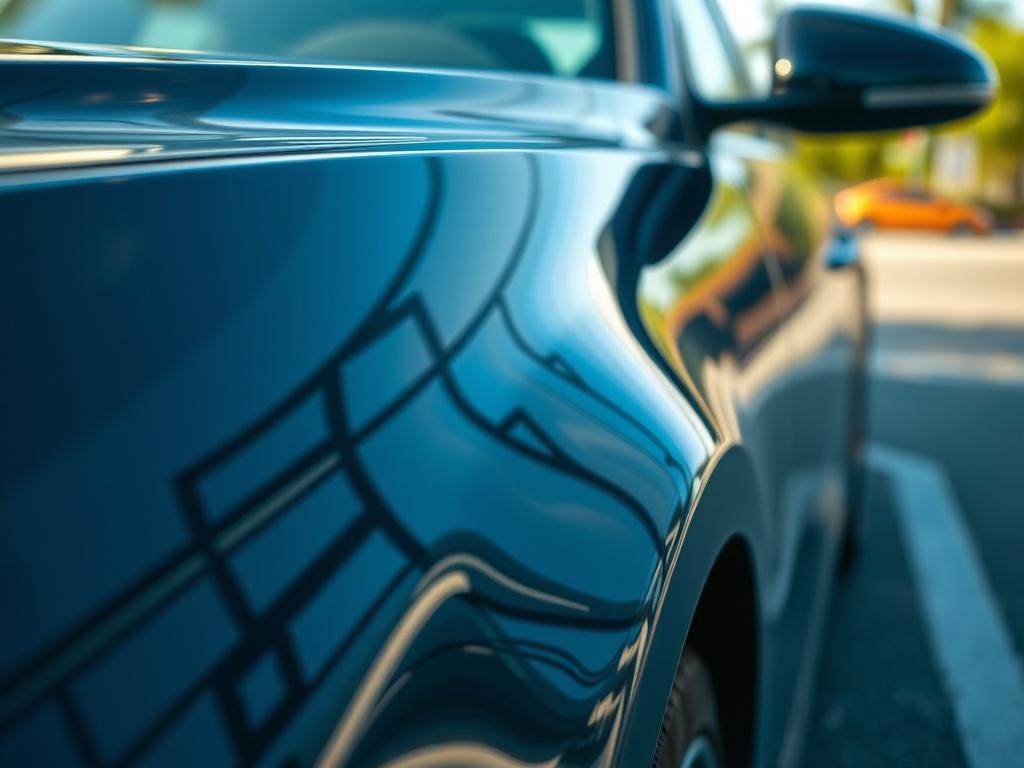 A close-up shot of a shiny, freshly detailed car exterior, highlighting the reflection of the surroundings in the paint. The car is parked in a bright, outdoor setting with natural light that enhances its glossy finish. The background should be blurred to emphasize the car's details while maintaining a clean composition.