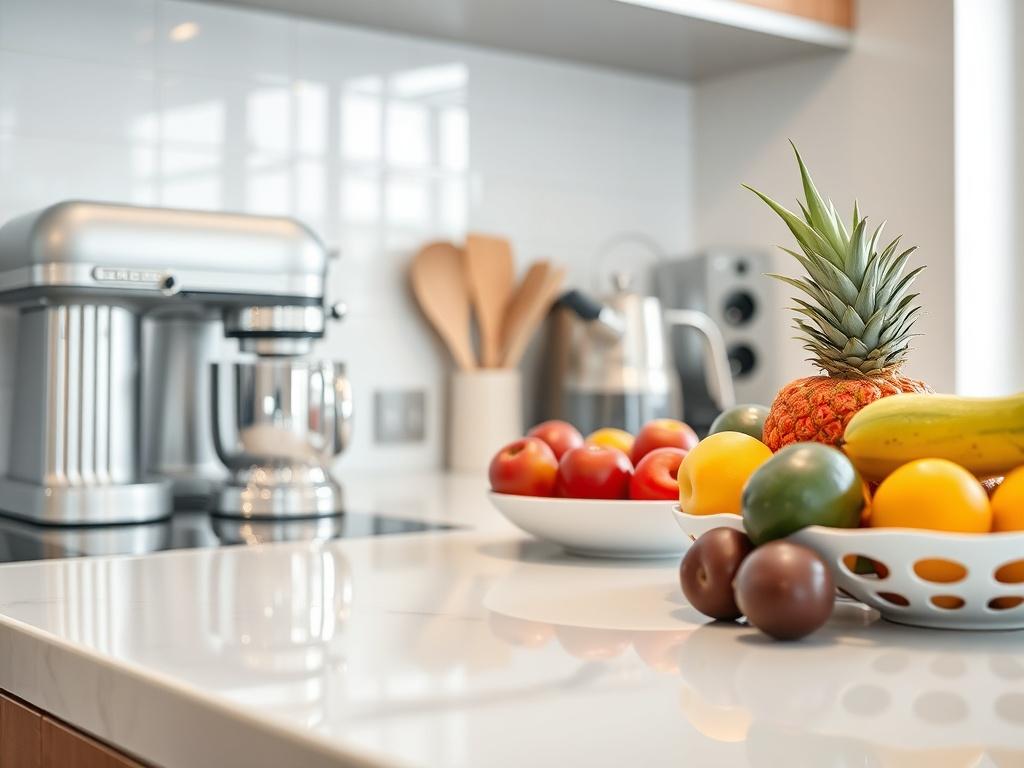 A close up of a sparkling clean kitchen countertop with