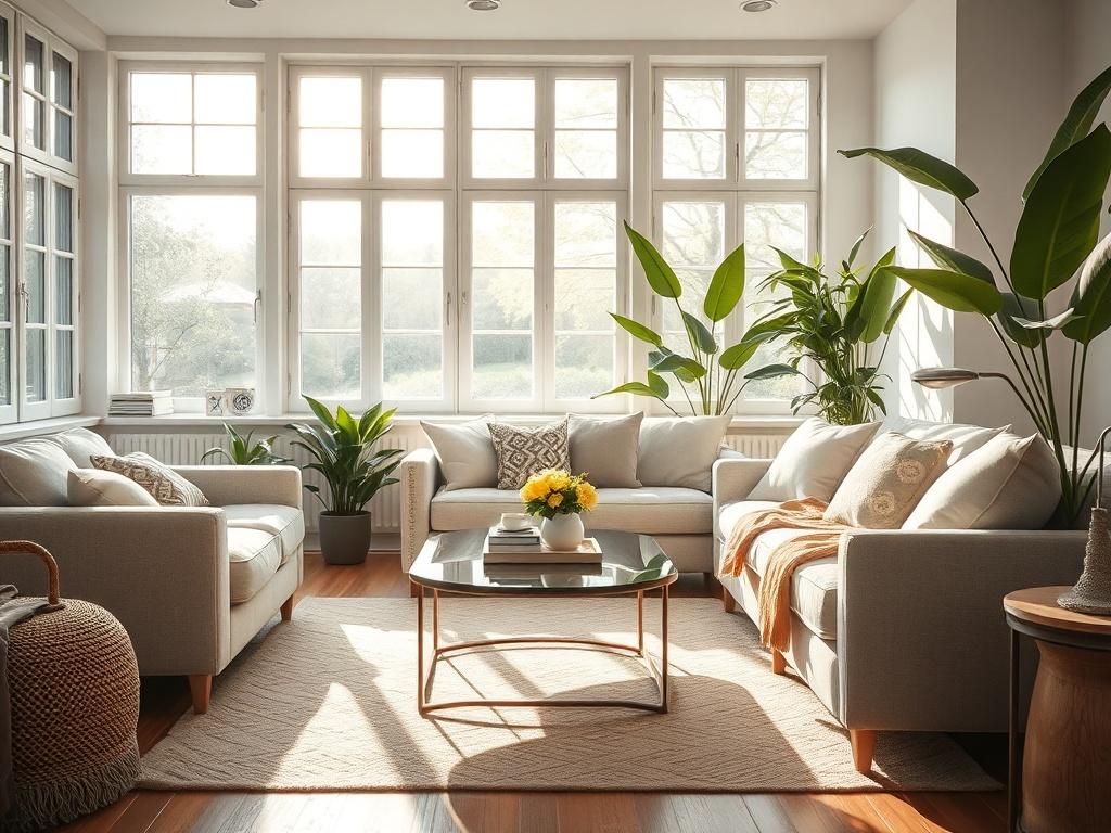 A bright and clean living room with a cozy sofa,