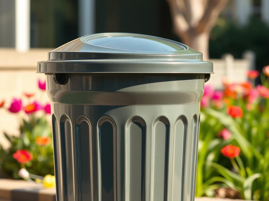 A realistic high-resolution photo of a clean, shiny trash bin placed in a bright, sunny outdoor setting. The focus should be on the bin, showcasing its cleanliness and freshness, with a few colorful flowers or green grass in the background to evoke a spring-summer vibe. The image should be shot with a 45mm f/1.2 lens style to create a soft background blur, emphasizing the cleanliness of the trash bin.