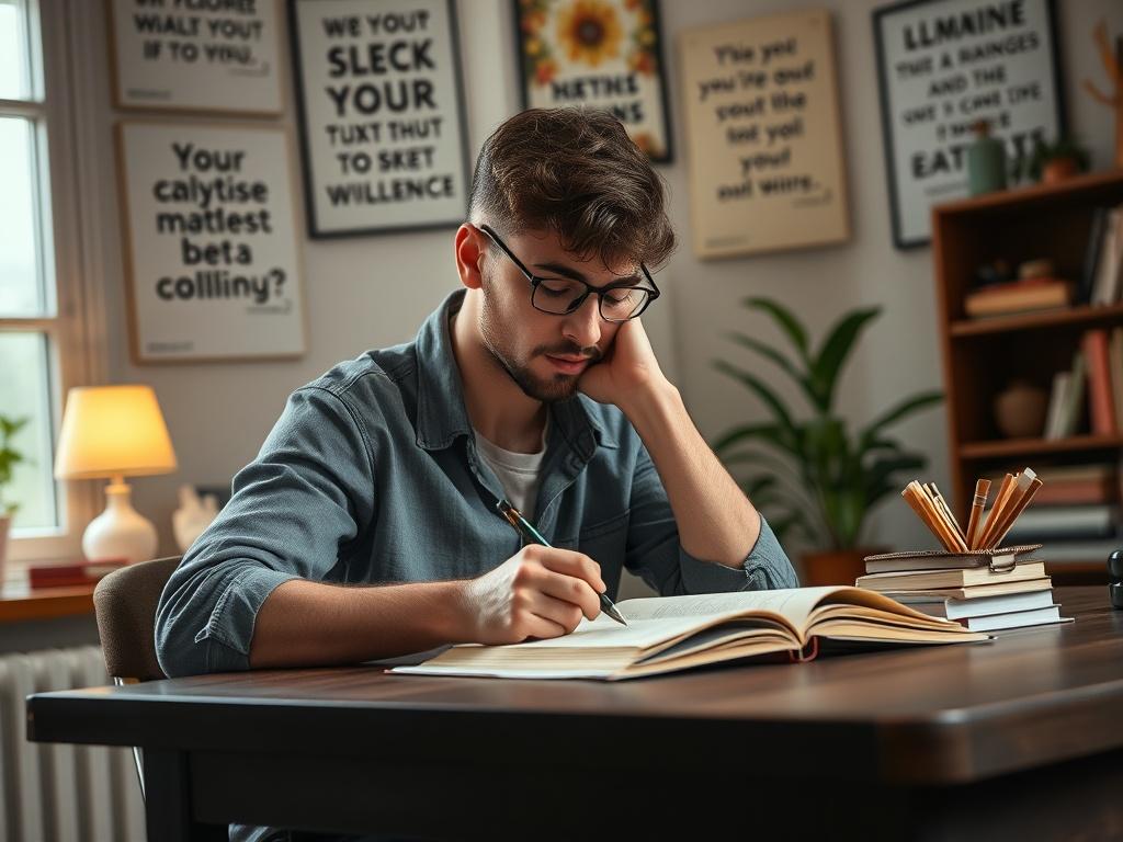 A focused individual sitting at a desk, writing in a journal with a thoughtful expression. The setting is a cozy, well-lit space with motivational quotes on the wall. The image conveys introspection and personal growth through CBT.