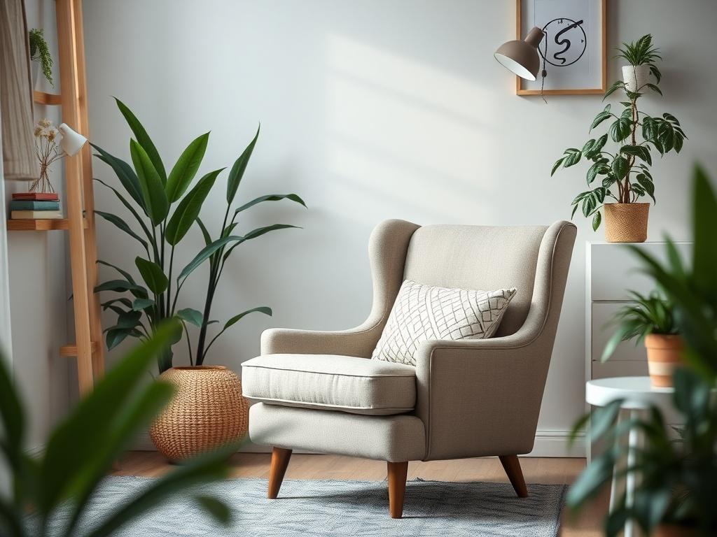A serene therapist's office with soft lighting. A comfortable armchair sits prominently in the frame, inviting and warm. A calming atmosphere is created with plants and soothing decor. The focus is on the armchair, symbolizing a safe space for individual therapy.