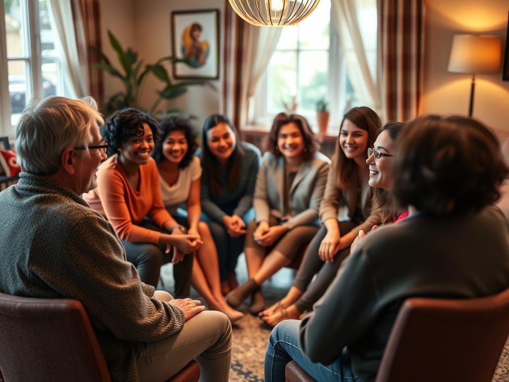 A diverse group of individuals seated in a circle in a warm, inviting room. They are actively engaged in conversation, smiling and listening to one another. Soft lighting and colorful decor create a comfortable atmosphere. The focus captures the sense of connection in group therapy.