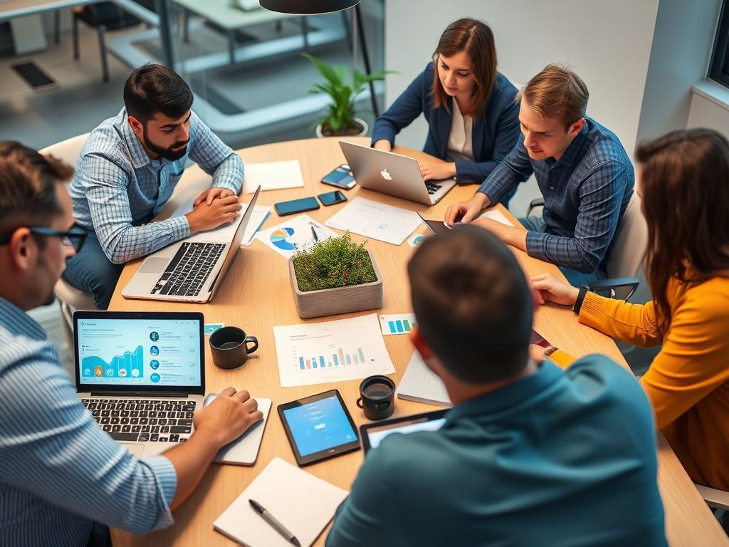 A vibrant, high resolution image depicting a team of digital