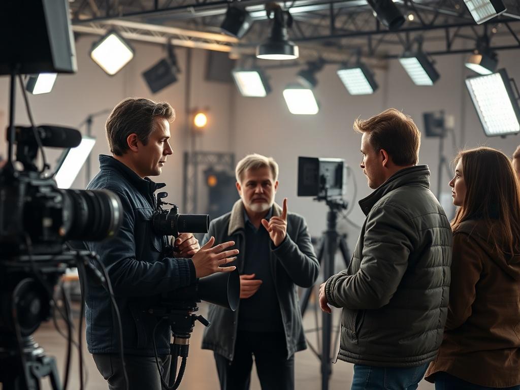 A high resolution image of a film set with crew