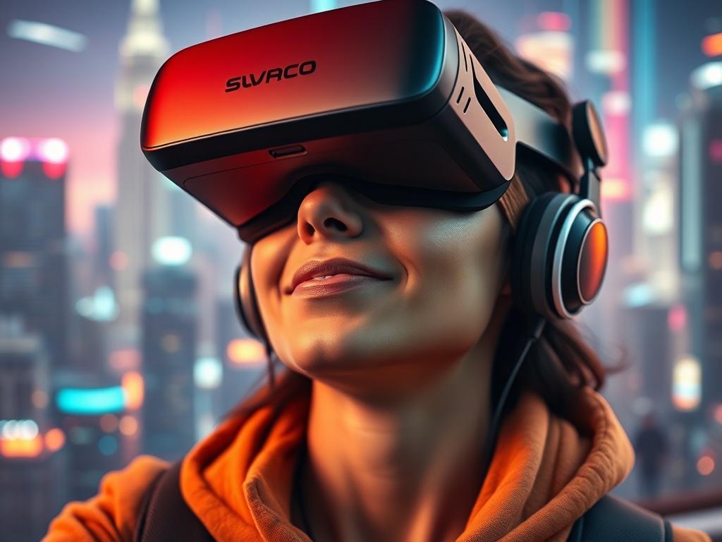 A close-up shot of a person wearing a VR headset, fully immersed in a virtual environment. The background features a futuristic cityscape with vibrant colors and dynamic visuals, showcasing the immersive nature of VR. The lighting is bright and engaging, emphasizing the excitement of the experience. The image should be rendered in hyper-realistic detail, capturing the expression of awe on the person's face as they interact with the virtual world.