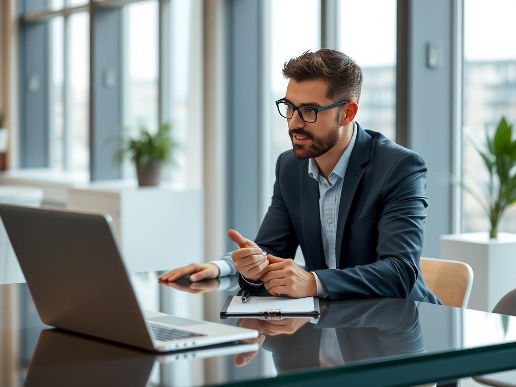A close-up shot of two professionals having a discussion in a bright, modern office. The focus is on their engaged expressions as they share ideas, with a sleek laptop and notepad on the table. The background is softly blurred to emphasize their interaction.