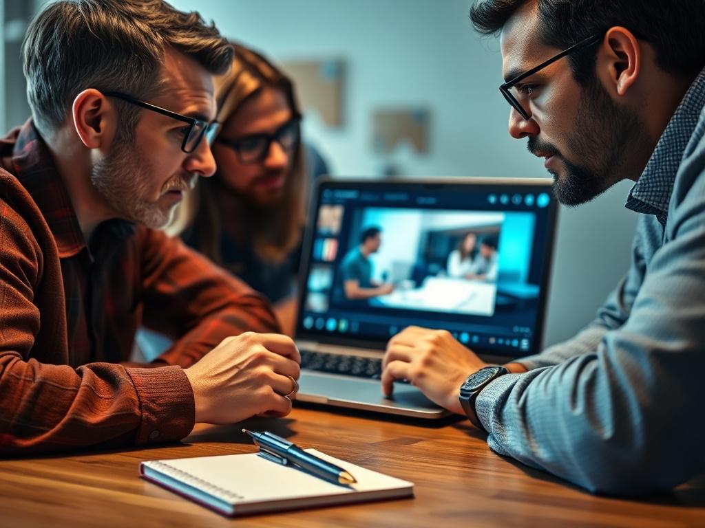 A close-up shot of a client reviewing a video on a laptop screen with a team member beside them. The focus is on their expressions as they discuss changes, with a notepad and pen ready for notes in the foreground.
