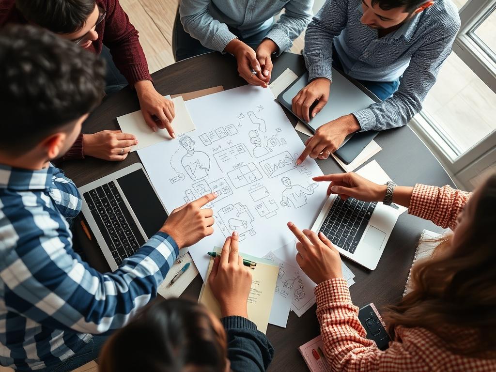A close-up shot of a team brainstorming around a table filled with sketches, notes, and a laptop. The atmosphere is collaborative and creative, with diverse hands pointing at the sketches, showcasing teamwork in action.