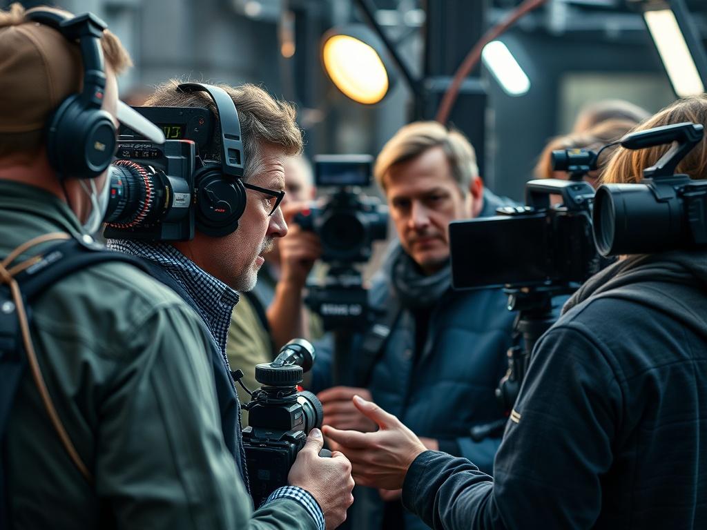 A close-up shot of a film crew on set, capturing a scene with cameras and lighting equipment. The focus is on the director giving instructions, with crew members actively engaged in their roles, showcasing a dynamic production environment.