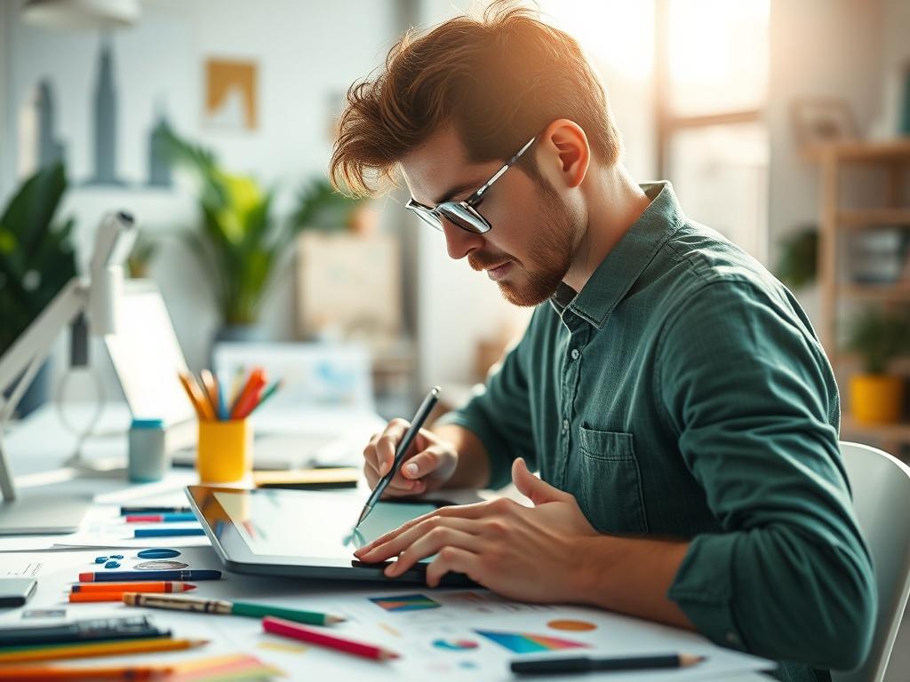 A hyper-realistic close-up shot of a graphic designer working on a digital tablet, surrounded by colorful design sketches and tools. The designer is focused, illustrating creativity and innovation. The background is softly blurred, featuring a modern workspace with natural light streaming in, emphasizing a vibrant and inspiring atmosphere. The color scheme includes shades of green, reflecting the rgb(50, 170, 39) primary color.