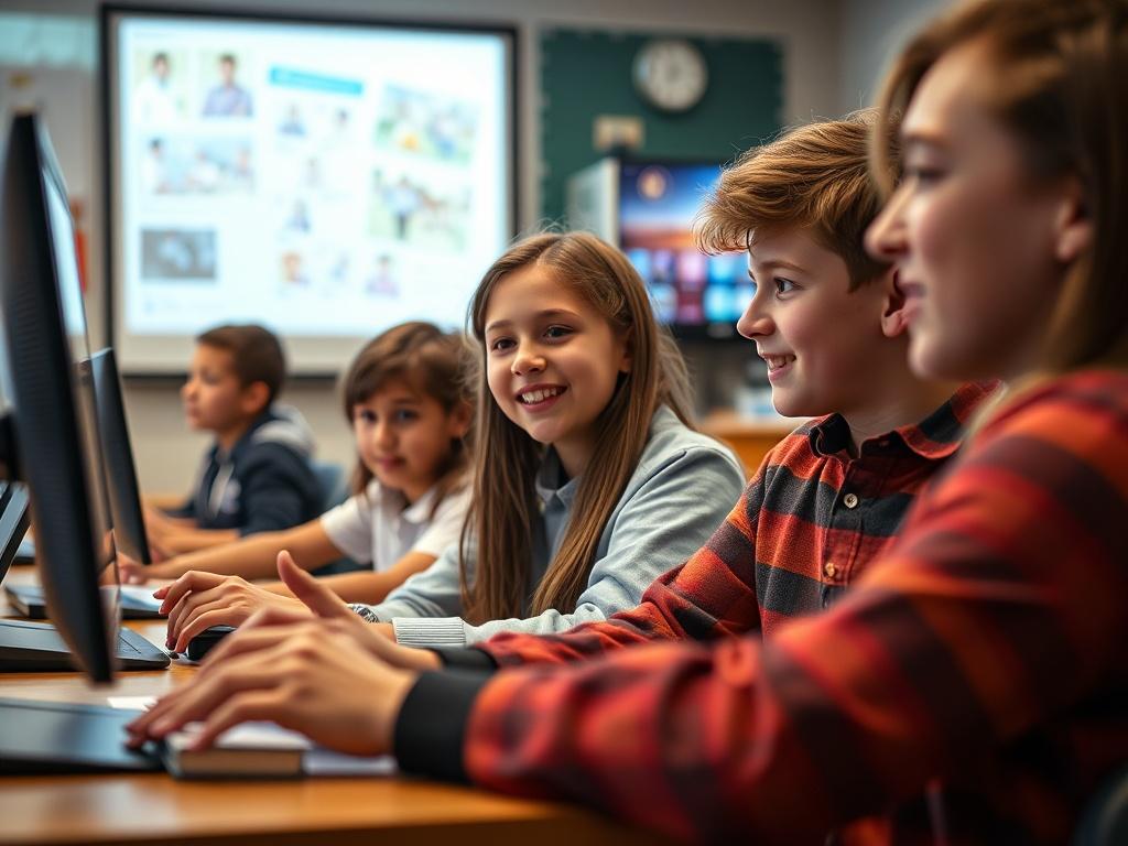 A hyper-realistic close-up shot of students engaging with educational multimedia content in a classroom setting, showcasing enthusiasm and interaction with screens and educational materials.