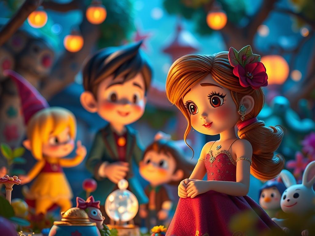 A hyper-realistic close-up shot of a vibrant animation scene, featuring colorful characters in a fantastical setting, illuminated with soft lighting to enhance the magical atmosphere.
